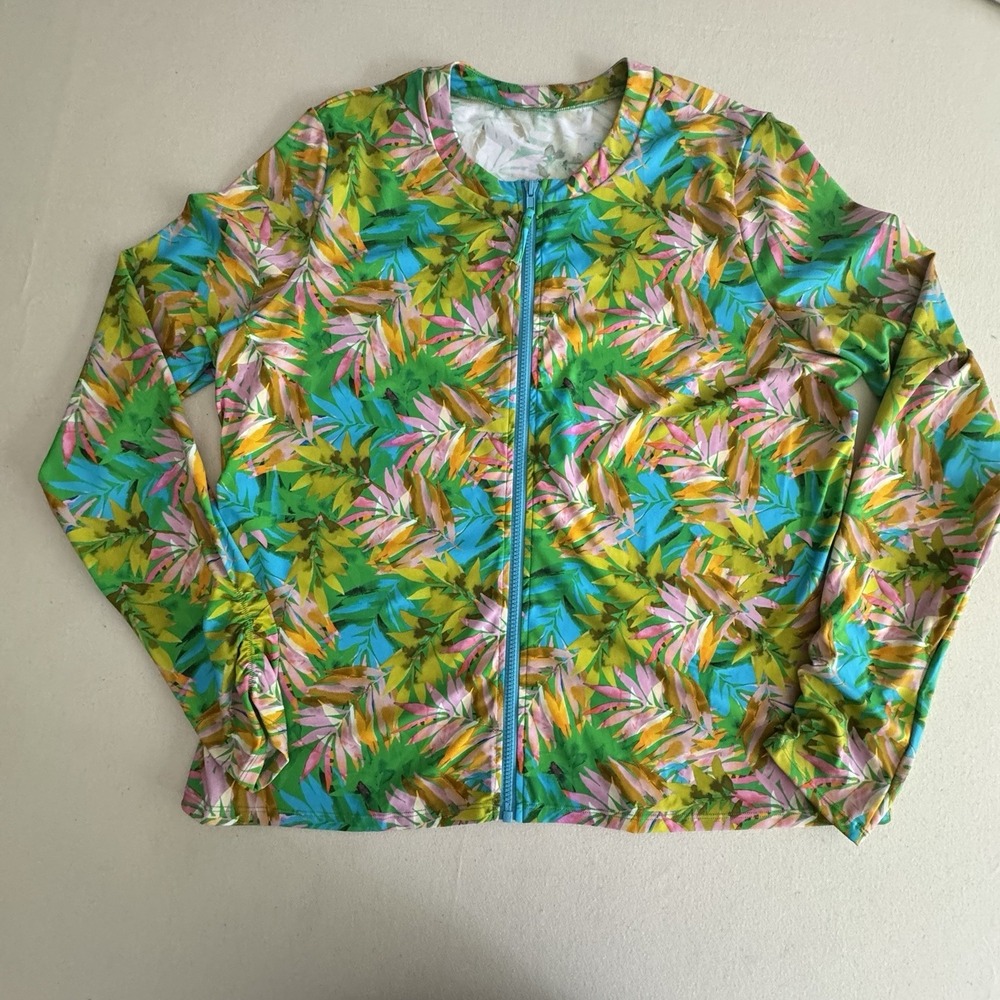 Kim Gravel x Swimsuits For All Zip-Front Swim Shirt Cardigan Caribbean Palms 20W